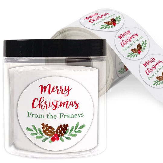 Pine Cone Swag Round Holiday Gift Stickers in a Jar